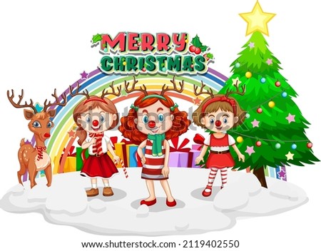 Children in Christmas costumes with pine tree and reindeer illustration