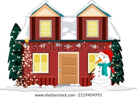 Snow covered house with Christmas light string and snowman illustration