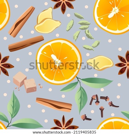 Orange and spices. Christmas winter spice. Decorative vector seamless pattern with spices and ingredients for mulled wine. 