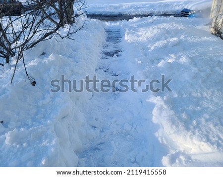 A small shoveled path along a walkway through the snow.