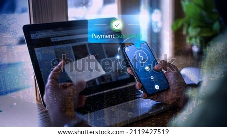 Modern money transaction transfer technology payment successful using mobile phone smart pay credit card billing info, online shopping ecommerce store ordering products, futuristic graphics icons 