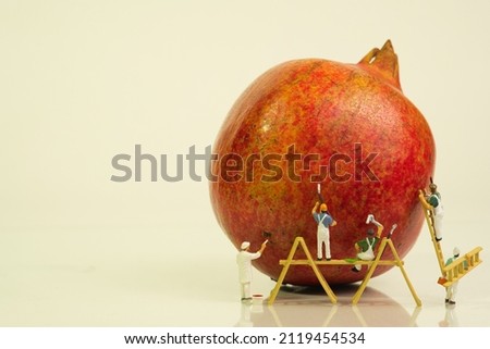a team of painters with a ladder and wooden scaffolding are working on a pomegranate , white background
