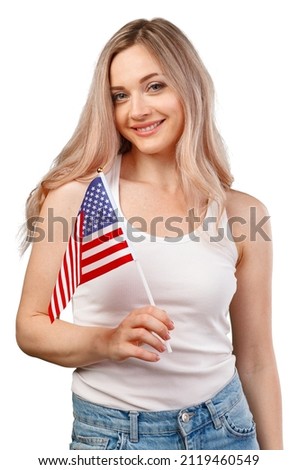 Portrait of a smiling woman holding USA flag isolated on white background