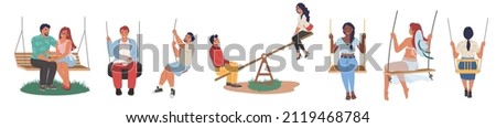 Adults, male and female characters swinging on swings, flat vector isolated illustration. Happy couples, carefree women, men on playground swings. Summer outdoor leisure. Royalty-Free Stock Photo #2119468784