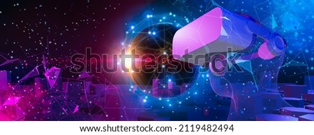 metaverse vr simulation gaming cyberpunk style,digital robot ai.Global world network and Communication technology,metaverse,iot,5g,internet business on earth.Elements of this image furnished by NASA Royalty-Free Stock Photo #2119482494