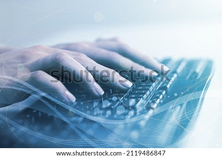 Social network connection, internet technology, cloud computing concept. Software engineer working on laptop computer