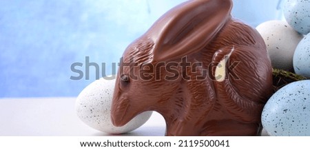 Australian milk chocolate Bilby Easter egg with eggs in nest against a blue and white background, with copy space. Sized to fit popular social media and web banner.