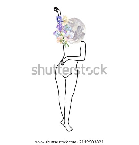 Female magic woman line art with watercolor moon in floral design. Head with flower for mystic logo, feminine symbols, astrology print