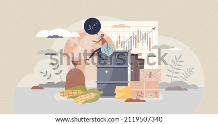 Commodities trading market as sell primary raw materials tiny person concept. Economic sector investment in goods such as gold, corn, wheat, oil barrels or gas for financial profit vector illustration Royalty-Free Stock Photo #2119507340