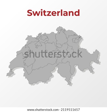 A modern map of Switzerland with a division into regions, on a gray background with a red title.