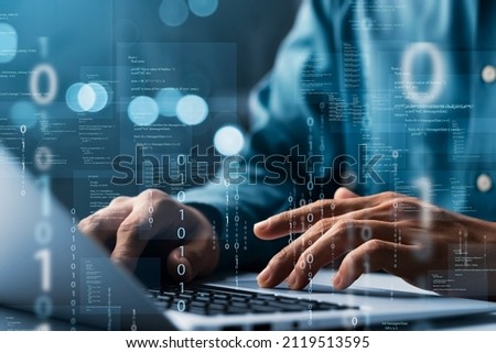 Programmers and cyber security technologies design websites and security in the Social World, cyberspace concepts. Royalty-Free Stock Photo #2119513595