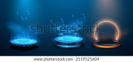Circle portals, teleport, hologram gadget. Blank display, stage or magic portal, podium for show product in futuristic cyberpunk style. Sky-fi digital hi-tech elements for presentation product. Vector Royalty-Free Stock Photo #2119525604