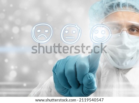 Doctors or scientists survey the satisfaction of the patient prevention management system, happy face