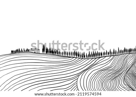 Black and white hand drawn Toscana countryside scenery. Graphic vector illustration Italian landscape Royalty-Free Stock Photo #2119574594