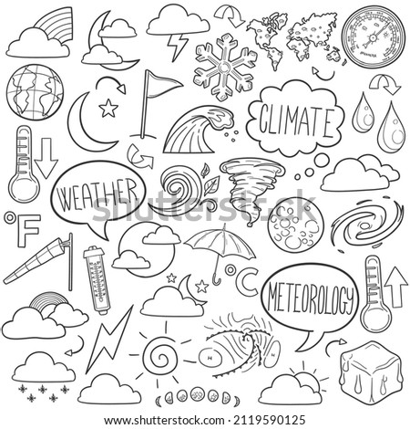 Weather Doodle Icons. Hand Made Line Art. Meteorology Clipart Logotype Symbol Design.