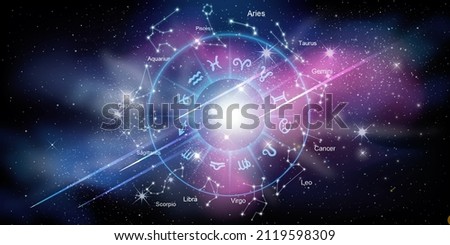 Zodiac signs inside of horoscope circle. Astrology in the sky with many stars horoscopes concept. Royalty-Free Stock Photo #2119598309