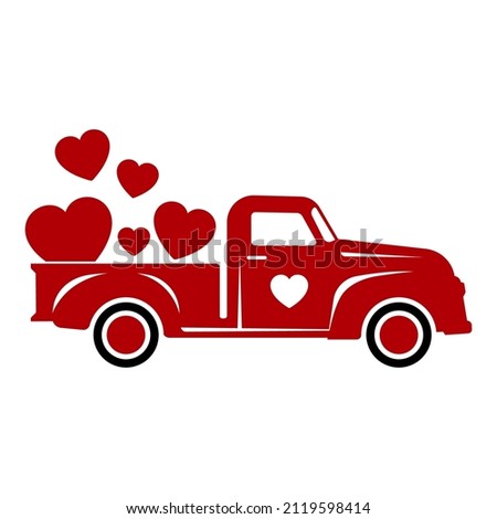 Red retro Valentine's day truck with hearts vector illustration isolated on white background