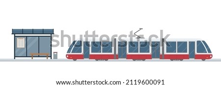 Modern tram and tram station isolated on white background. Concept of public transport. Flat style. Vector illustration. Royalty-Free Stock Photo #2119600091