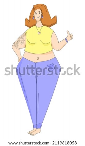 A plump, cheerful woman, a girl with a tattoo on her arm. A person with a lot of weight, body positivity and acceptance, love for the body. A character for website design, flyers, posters
