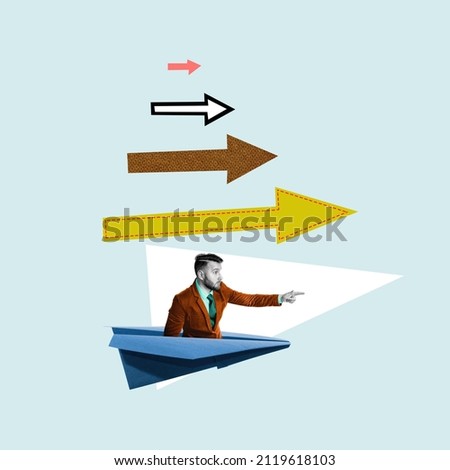 The leader on a paper plane indicates the direction, art collage. Royalty-Free Stock Photo #2119618103