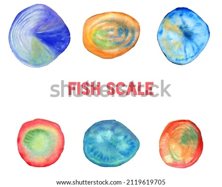 Watercolor fish scale poster,blue and orange stains. Ocean and sea fish. Squama for seafood restaurant. Hand drawn logo, circle and oval shape. Raster stock illustration, isolated on white background.