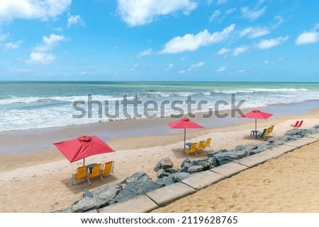 Sunshades and chairs on the sand of a beautiful tourist beach on a sunny day. Boa Viagem beach in Recife, PE, Brazil. Royalty-Free Stock Photo #2119628765