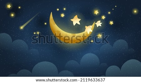 Golden Shiny Night Sky with Moon and Stars, sleeping and relaxing dreamy night sky. Cute sleeping stars and the moon at starry night. Vector illustration for children and little kids.