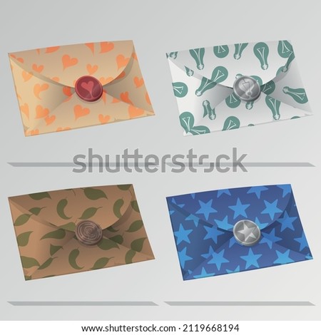 A set of illustrations of envelopes with various patterns. Thematic patterns.