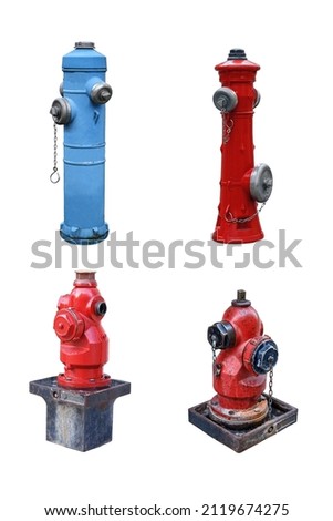 four old street firefighters hydrants for extinguishing fire isolated on white