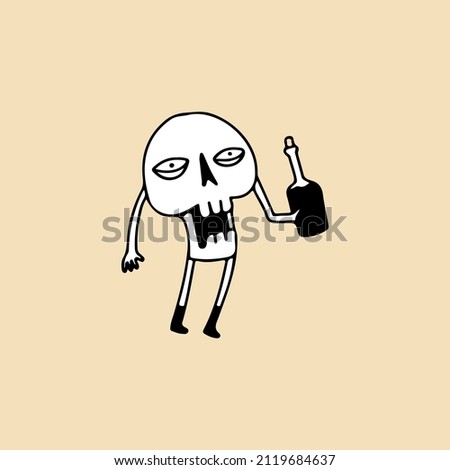 Funny skull head character holding beer bottle, illustration for t-shirt, sticker, or apparel merchandise. With retro cartoon style.
