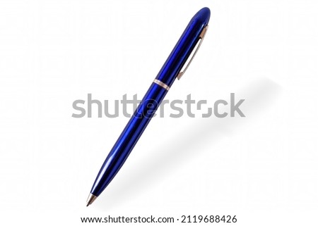Blue ballpen with metallic parts on white background, isolated. Royalty-Free Stock Photo #2119688426