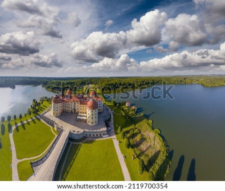 Panoramic aerial view of Moritzburg Castle on a clear sunny day, Saxony - Germany