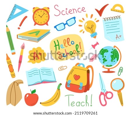 Back to School hand drawn cartoon set. Learning school supplies kit. Education concept objects for student, scissors backpack, light bulb idea, alarm clock, lunch and globe, pens, brush child vector Royalty-Free Stock Photo #2119709261