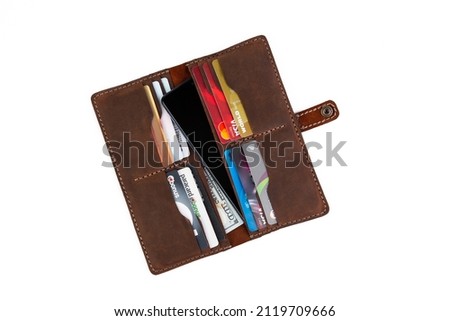 Handmade Genuine Leather wallet, credit card holder, white background