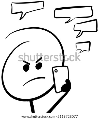 Angry stick figure on a mobile device with empty speech bubbles 