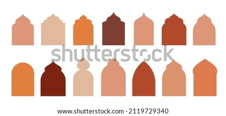 Collection of oriental style windows and arches. Modern boho colors, minimalistic design Royalty-Free Stock Photo #2119729340