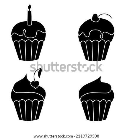 a set of four cream pies decorated with a cherry and a candle, birthday celebration, a cherry in the form of a heart, a Valentine's day card, inverted isolate on a white background,
