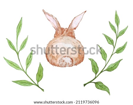 set of watercolor illustration, beige easter bunny back view and sprigs of greenery, natural farming, sticker, scrapbook