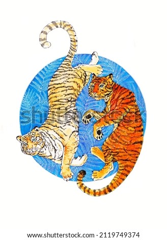 Watercolor illustration. Tigers lying on a fern