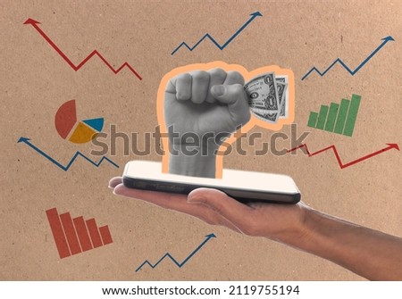 A hand holds dollars in a fist sticking out of a smartphone screen, on a retro cardboard background. growth charts. The concept of networking. Contemporary art collage, modern design.