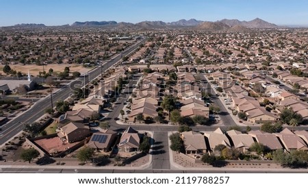 Daytime aerial view of the city of San Tan Valley, Arizona, USA. Royalty-Free Stock Photo #2119788257