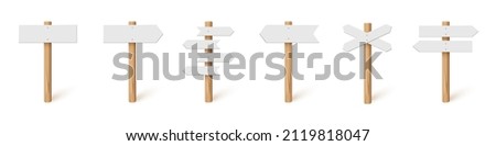 3d wooden sign post set vector illustration. Realistic blank signboard on road collection, plywood pointer and timber with wood texture in signpost for pointing direction isolated on white background Royalty-Free Stock Photo #2119818047