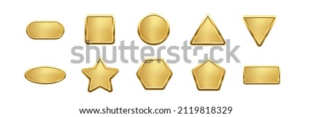 Gold button of different geometric shapes with frames and shine light effect vector illustration set. Golden oval square circle triangle star hexagon pentagon rectangle isolated on white background Royalty-Free Stock Photo #2119818329