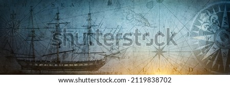 Old sailboat, compass and ancient  map historical background. A concept on the topic of sea voyages, discoveries, pirates, sailors, geography and history. Efect of overlay on old texture of paper.  Royalty-Free Stock Photo #2119838702