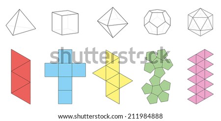 Five platonic solids, three-dimensional figures and corresponding nets. Isolated vector illustration over white background. Royalty-Free Stock Photo #211984888