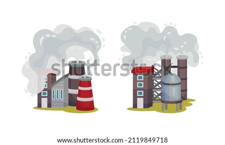 Industrial buildings set. Factory and power plants with smoke from smokestacks vector illustration Royalty-Free Stock Photo #2119849718