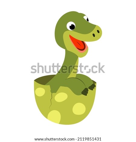 cute cartoon dinosaur is sitting in an egg. vector isolated on a white background