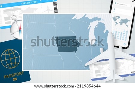 Journey to Iowa, illustration with a map of Iowa. Background with airplane, cell phone, passport, compass and tickets. Vector mockup.