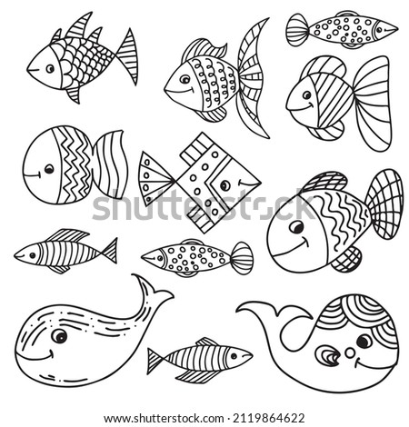 Set of beautiful patterned fish. In cartoon style. Funny fish in the underwater world. Antistress coloring book sketch for adults or kids, line drawing, doodle logo for tattoo, zentangle.