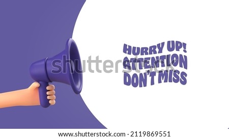 3d cartoon hand holding megaphone social media marketing vector illustration. Promotion advertising purple 3d loudspeaker Royalty-Free Stock Photo #2119869551